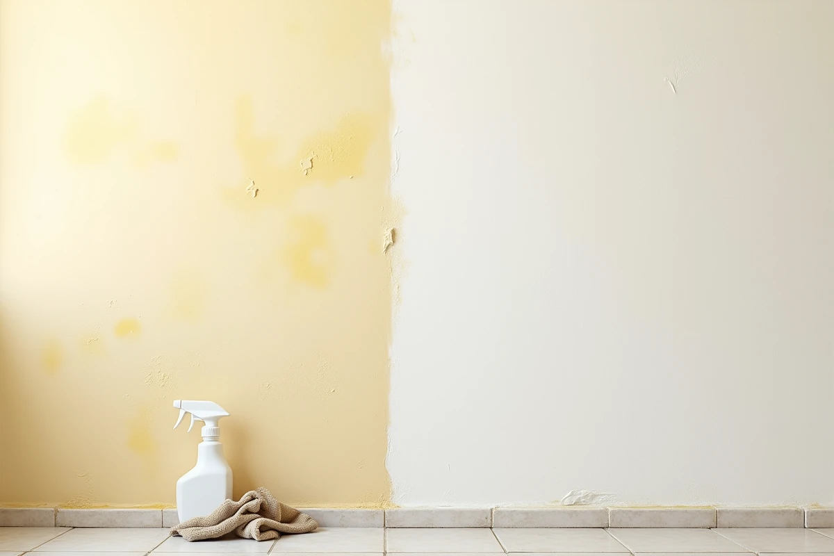 Comparaison mur sale et mur lessivé prêt à peindre, détail de surface plâtre intérieur