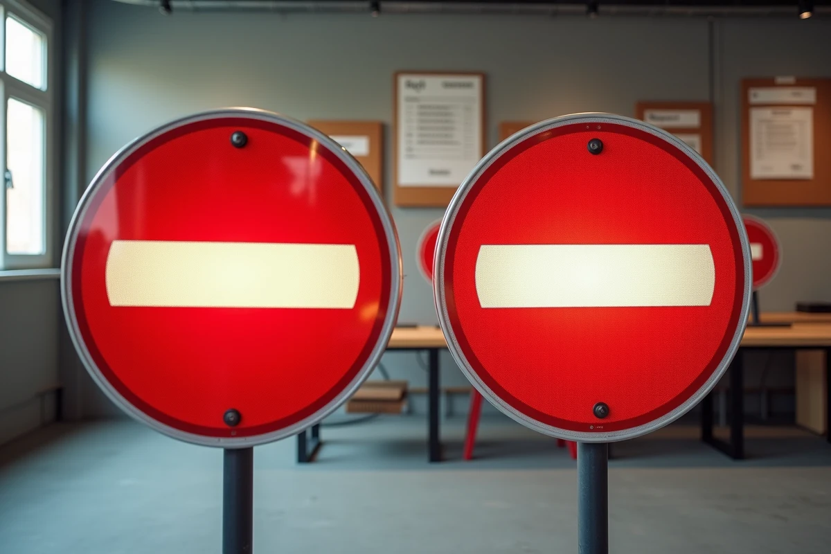 Comparaison de deux panneaux B34 avec différentes classes de films rétroréfléchissants dans un showroom de signalisation routière