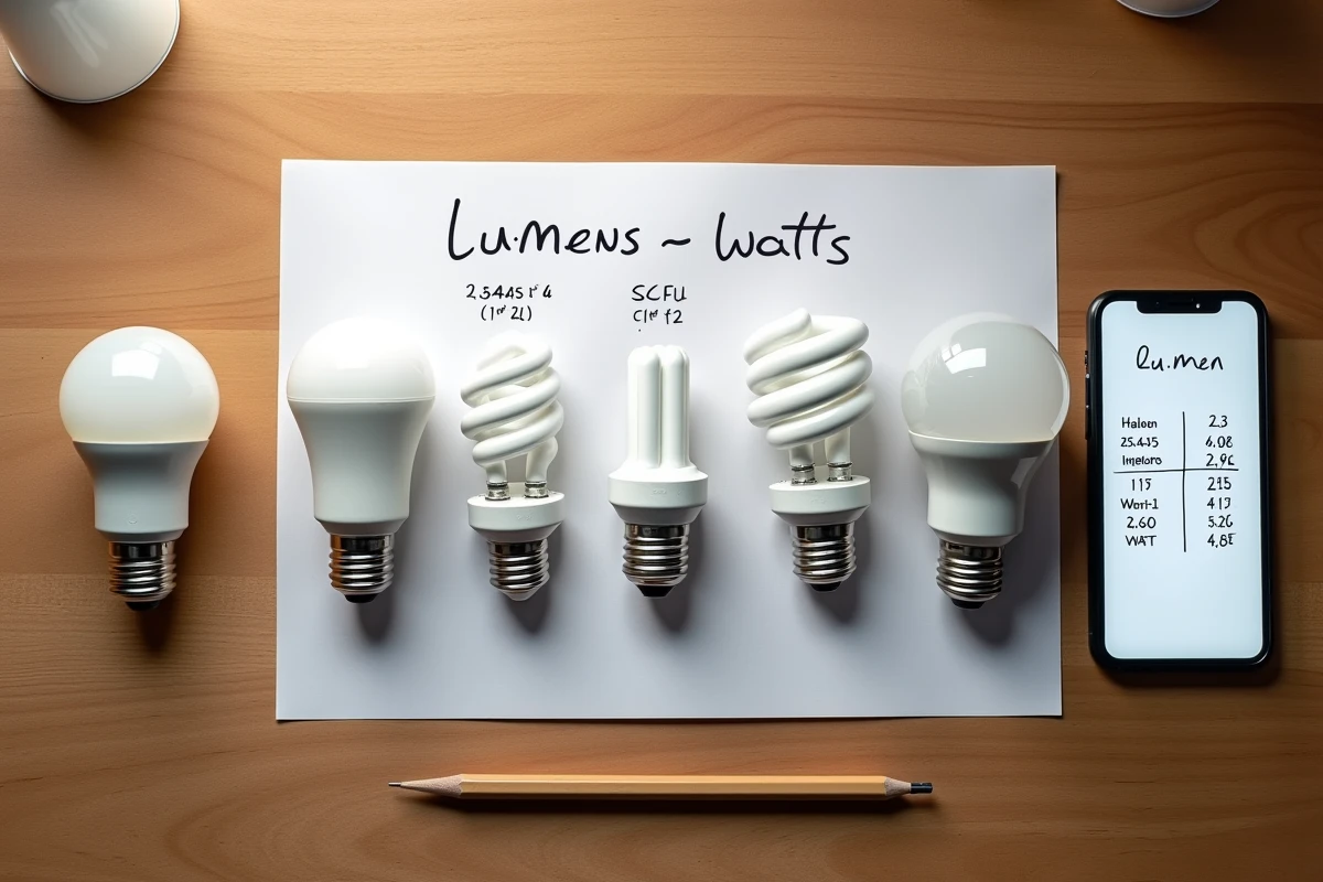 Comparaison à plat de différents types d'ampoules avec tableau de correspondance lumens watts sur un bureau en bois