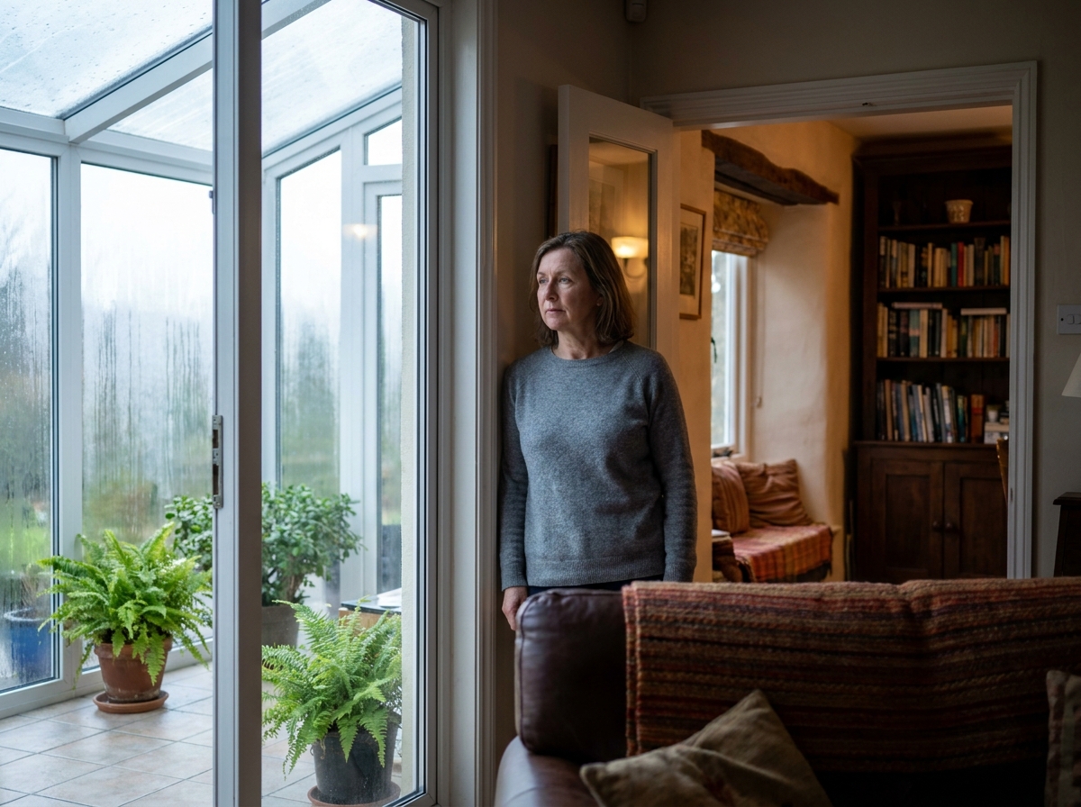 Intérieur de maison montrant la comparaison entre une véranda vitrée et une extension maçonnée, femme debout entre les deux espaces