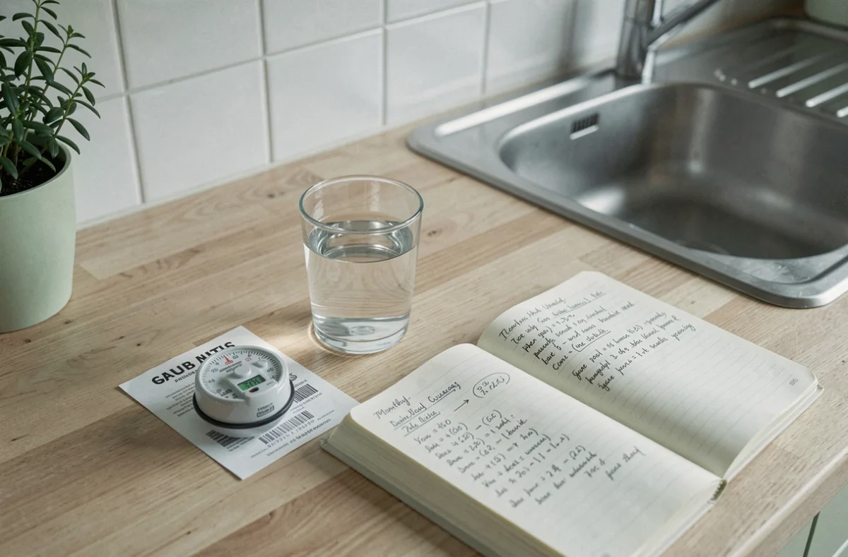 Relevé de compteur d'eau posé sur un comptoir de cuisine avec un verre d'eau et des notes sur la consommation en m3 par personne en télétravail