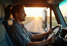 Conducteur confiant dans la cabine lumineuse d'un camion de livraison