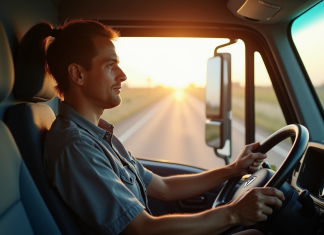 Astuces pour conduire en toute sécurité un camion de 6 m3 Conducteur confiant dans la cabine lumineuse d'un camion de livraison