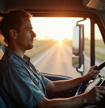 Conducteur confiant dans la cabine lumineuse d'un camion de livraison