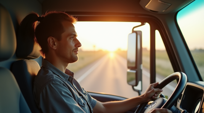 Conducteur confiant dans la cabine lumineuse d'un camion de livraison