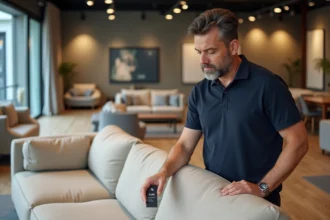 Conseiller Poltrone et Sofa expliquant les garanties d'un canapé sectionnel beige en showroom