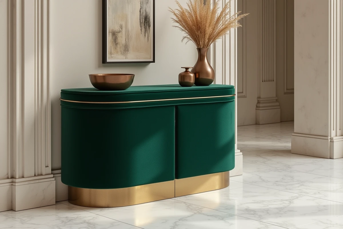 Console d'angle luxueuse en bouclé vert forêt avec pieds dorés dans un showroom design aux panneaux en plâtre cannelé