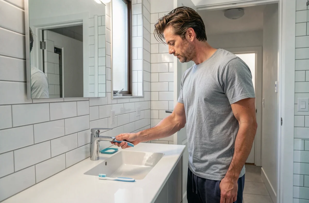 Homme en télétravail utilisant le robinet de la salle de bain à la maison, représentant la consommation d'eau domestique journalière