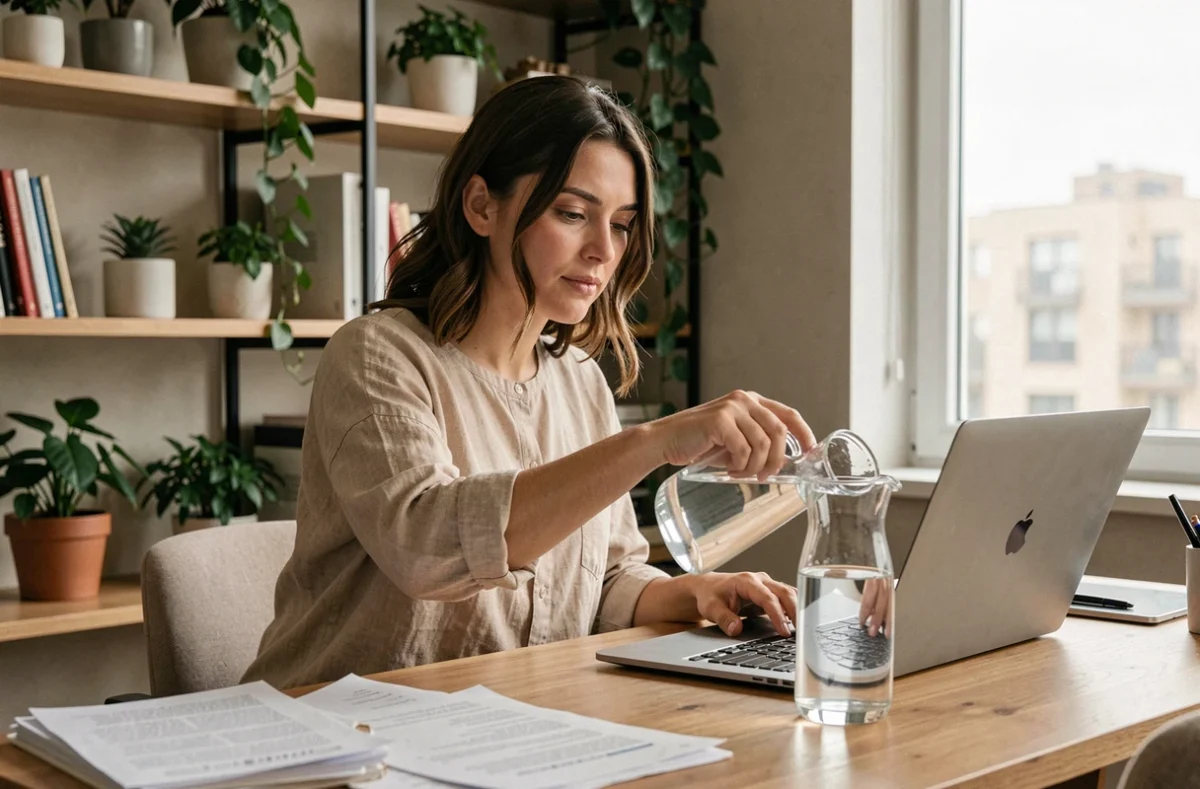 Femme en télétravail remplissant un verre d'eau à son bureau à domicile, illustrant la consommation d'eau quotidienne en télétravail