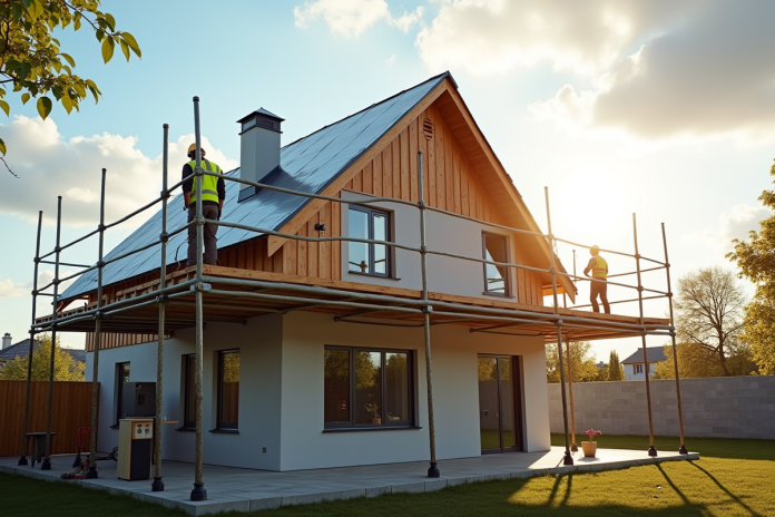 construction-elevation-toit-maisons Ouvriers soulevant le toit d'une maison avec équipement moderne