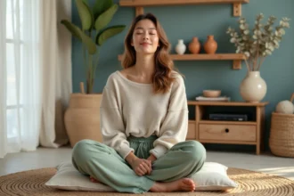 Femme en tenue détendue méditant dans un salon aux tons bleu doux et vert sauge, entouré de matériaux naturels pour favoriser la relaxation