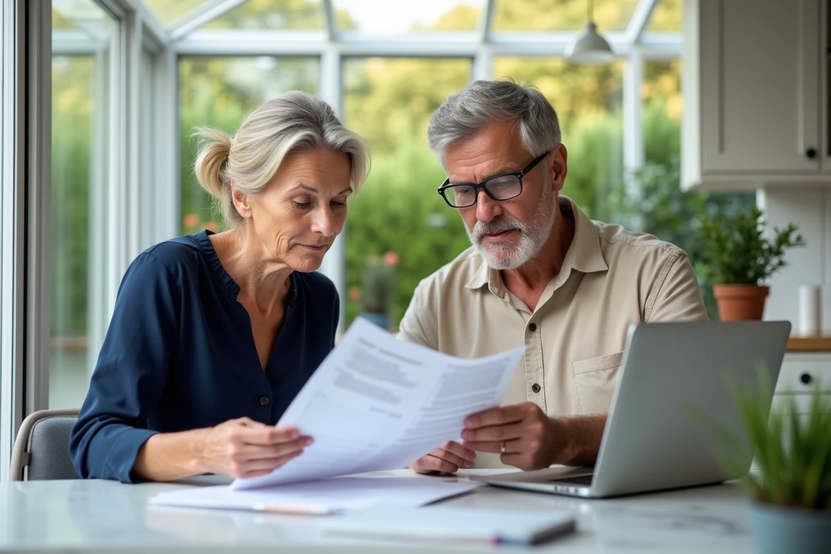 Couple consultant des documents financiers pour le financement et les aides à la construction d'une véranda