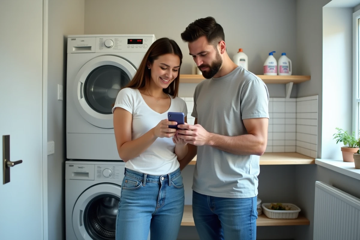 Couple consultant une application de calcul de consommation électrique en euros devant leur lave-linge et sèche-linge