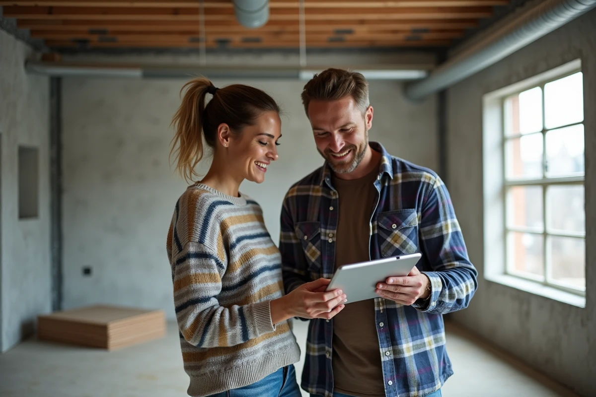 Couple consultant une tablette pour calculer la superficie d'un espace en rénovation