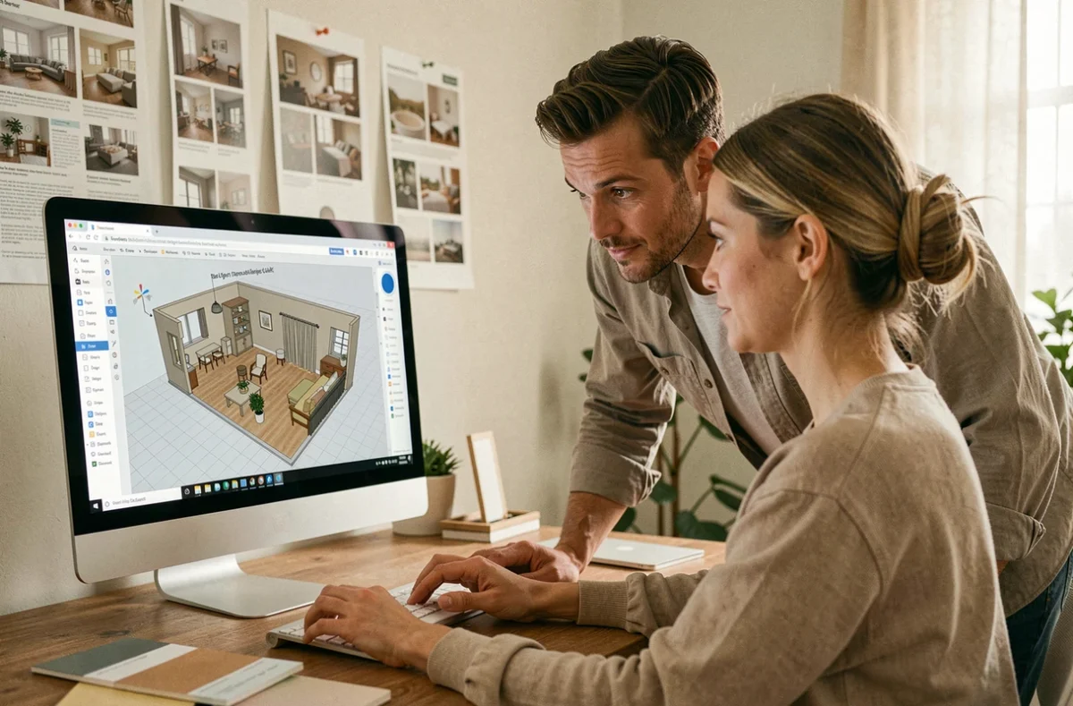 Couple collaborant sur un logiciel de plan 3D interactif pour concevoir l'aménagement de leur maison