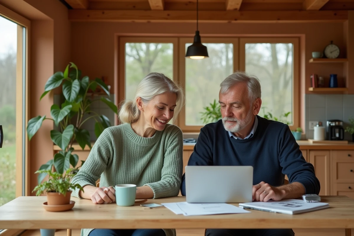 Couple consultant des documents sur la performance énergétique dans une maison passive durable
