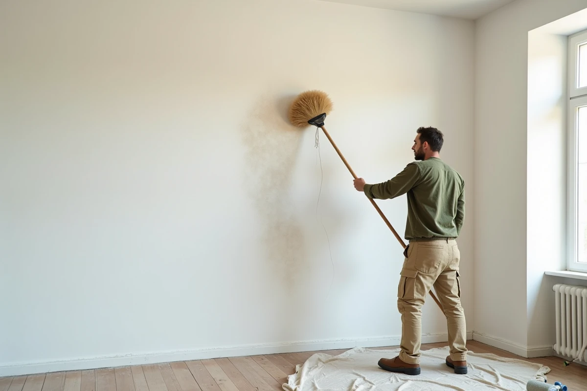 Homme dépoussiérant un mur blanc avec un balai-brosse avant application de peinture