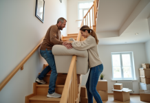 Déplacer canapé lourd escalier : astuces et conseils pratiques Un couple manœuvre un canapé beige dans un intérieur familial