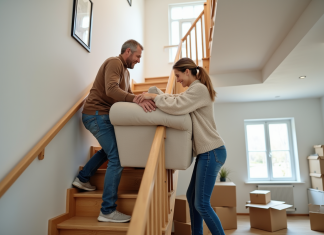 Déplacer canapé lourd escalier : astuces et conseils pratiques Un couple manœuvre un canapé beige dans un intérieur familial