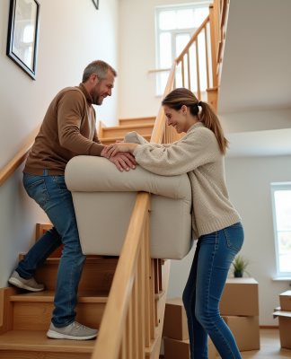 Un couple manœuvre un canapé beige dans un intérieur familial