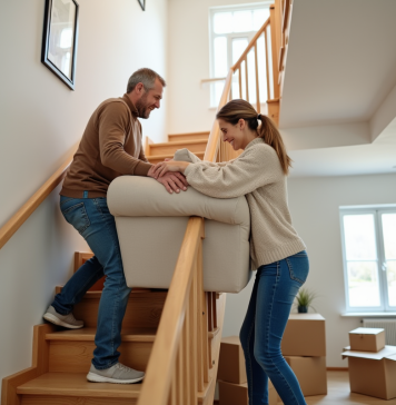 Déplacer canapé lourd escalier : astuces et conseils pratiques Un couple manœuvre un canapé beige dans un intérieur familial