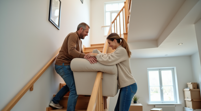 Un couple manœuvre un canapé beige dans un intérieur familial