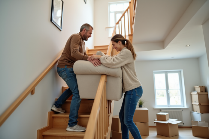 deux-parents-manoeuvrent-canape Un couple manœuvre un canapé beige dans un intérieur familial