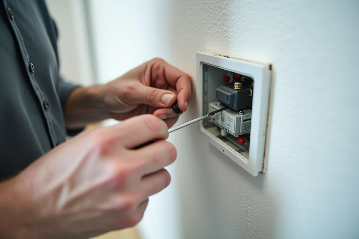 Gros plan sur la boîte de commande électrique d'un volet roulant en panne lors d'un diagnostic