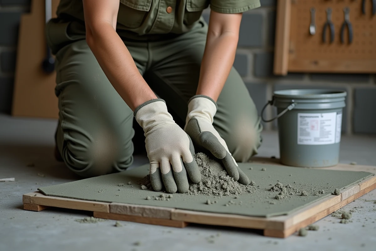 Femme préparant un mélange béton dosé à la main sur tapis de chantier dans un garage intérieur