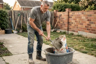 Homme dosant du béton à la pelle sur un chantier maison dans un jardin résidentiel