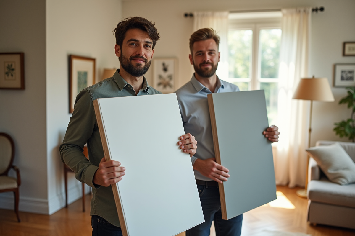 Jeune homme et designer intérieur tenant des échantillons dans un salon lumineux