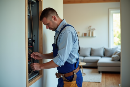 Électricien inspectant un panneau électrique moderne dans un salon rénové
