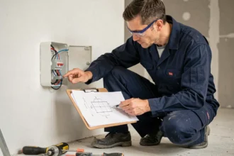 Électricien professionnel étudiant un schéma va-et-vient devant un boîtier de commutation ouvert sur un chantier résidentiel
