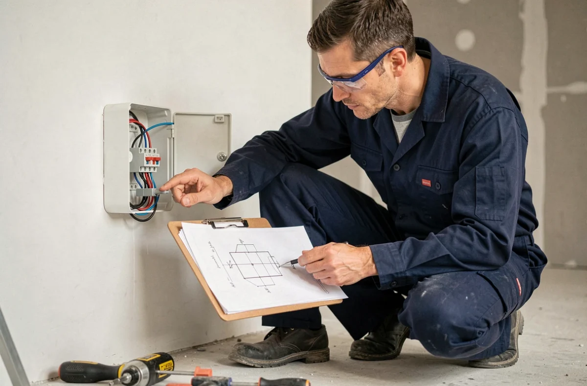 Électricien professionnel étudiant un schéma va-et-vient devant un boîtier de commutation ouvert sur un chantier résidentiel