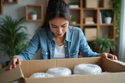 Jeune femme emballant un carton fragile dans un salon moderne