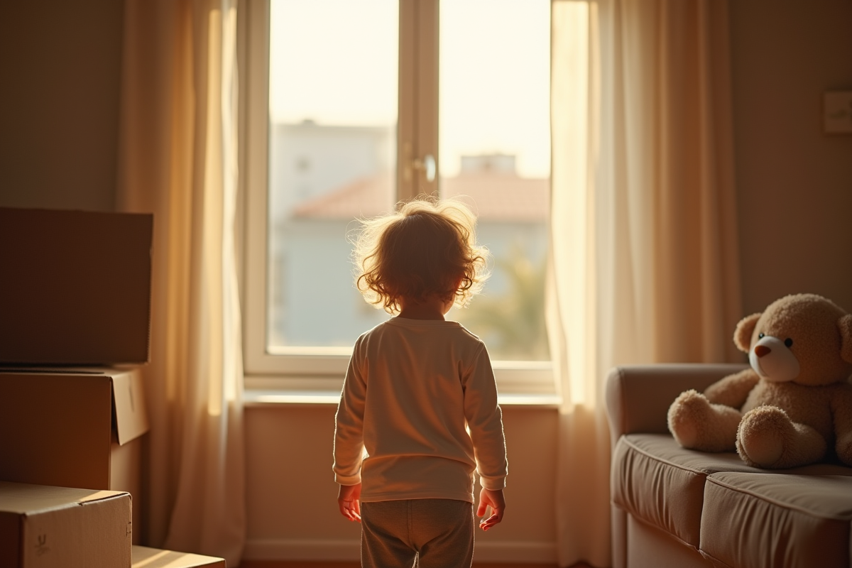 Enfant curieux regardant par la fenêtre de sa nouvelle maison