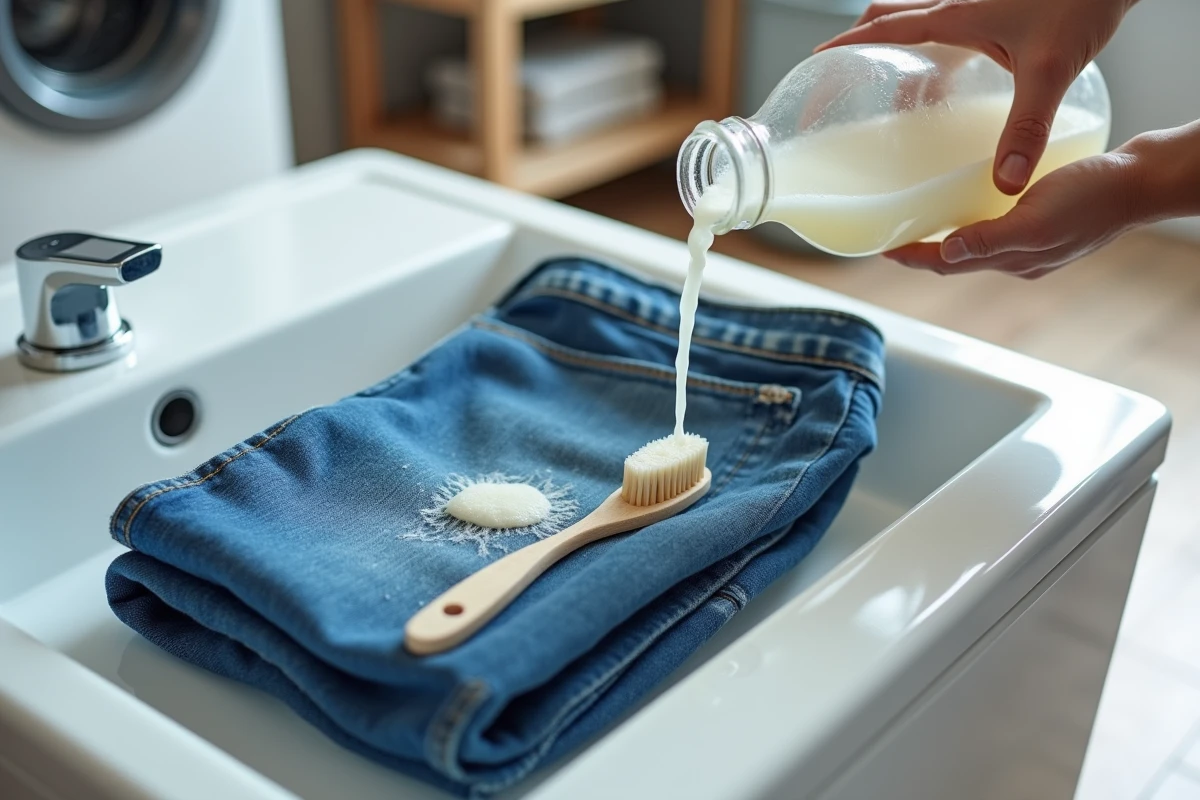 Jean posé dans un évier avec du vinaigre blanc versé sur une tache de chewing-gum et une brosse à dents