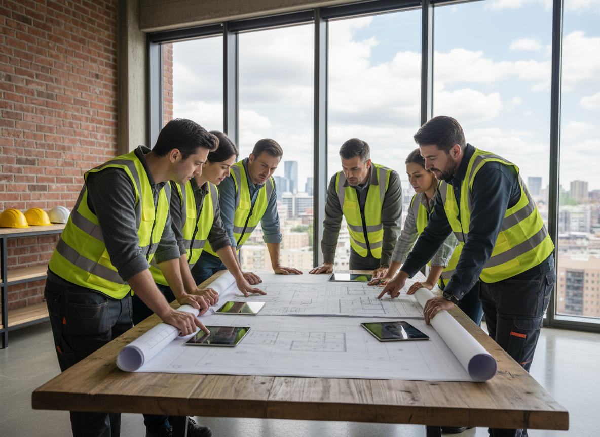 Groupe de professionnels de la construction en réunion