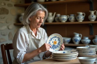 Femme expert en faïence Henriot Quimper examinant une assiette bretonne peinte à la main sur une table en bois rustique