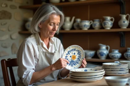 Femme expert en faïence Henriot Quimper examinant une assiette bretonne peinte à la main sur une table en bois rustique