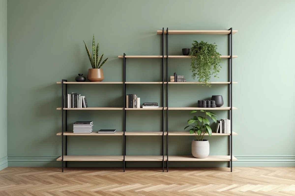 Étagère d'angle style scandinave en bois de frêne pâle et acier noirci dans un appartement minimaliste au parquet en chevrons