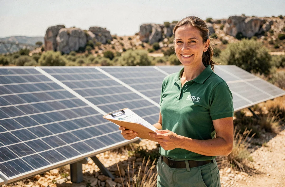 Technicienne d'Etelec devant une installation solaire au sol dans la garrigue des Bouches-du-Rhône