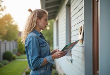 Couleur idéale pour peindre votre maison : Conseils d’experts en décoration Femme comparant des échantillons de peinture devant une maison moderne