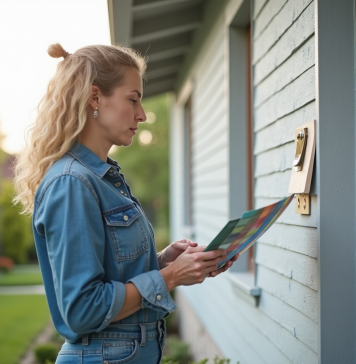 Couleur idéale pour peindre votre maison : Conseils d’experts en décoration Femme comparant des échantillons de peinture devant une maison moderne