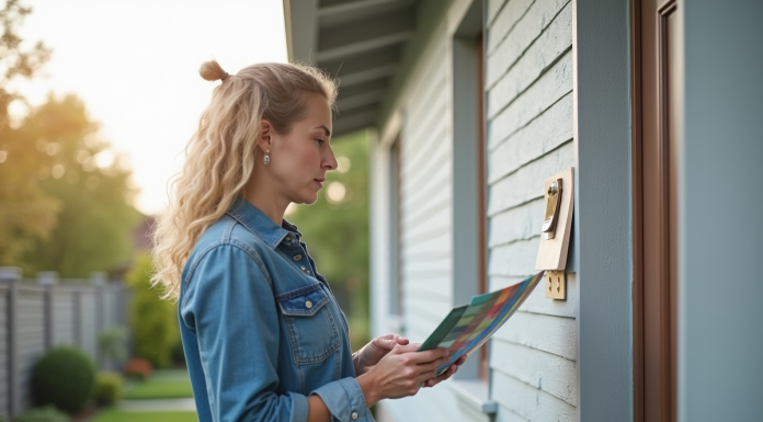 Femme comparant des échantillons de peinture devant une maison moderne