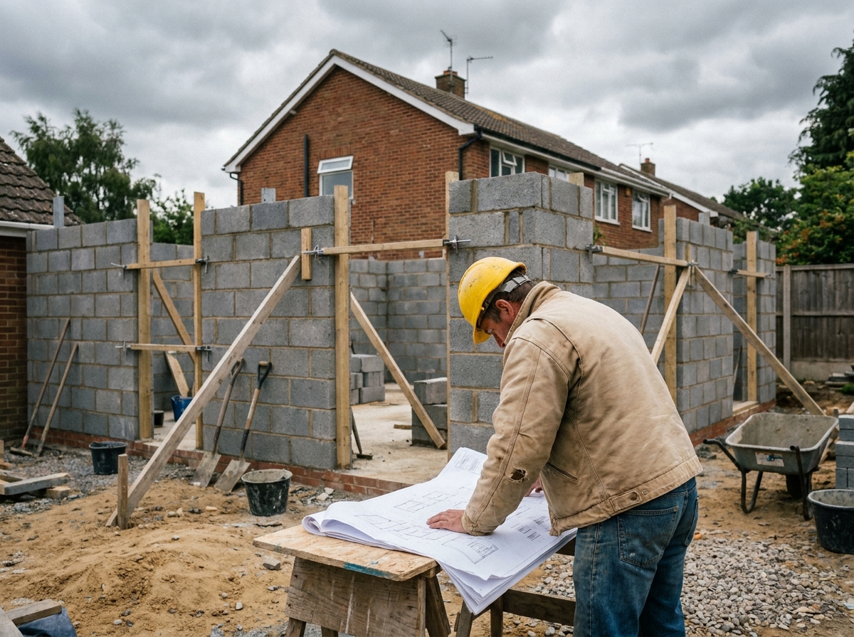 Extension maçonnée en cours de construction avec parpaings et coffrages bois, ouvrier consultant des plans sur chantier résidentiel