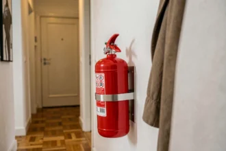 Extincteur CO2 rouge fixé au mur dans le couloir d'un appartement moderne, adapté aux feux électriques