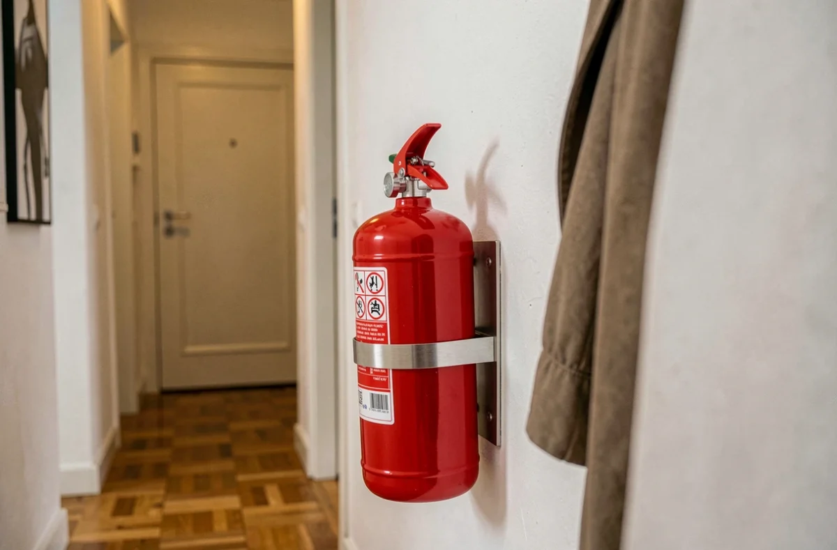 Extincteur CO2 rouge fixé au mur dans le couloir d'un appartement moderne, adapté aux feux électriques