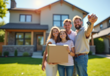 Famille heureuse tenant des clés devant une maison moderne