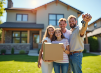Vendre sa maison : pourquoi attendre 5 ans avant ? Famille heureuse tenant des clés devant une maison moderne